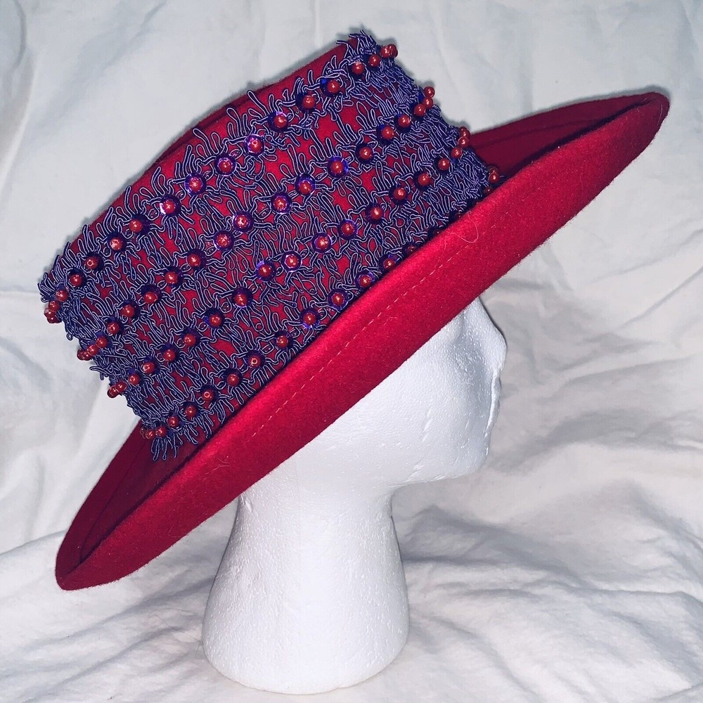 Red Hat with Purple Lace and Sequins 100 Percent Wool Womens Society New